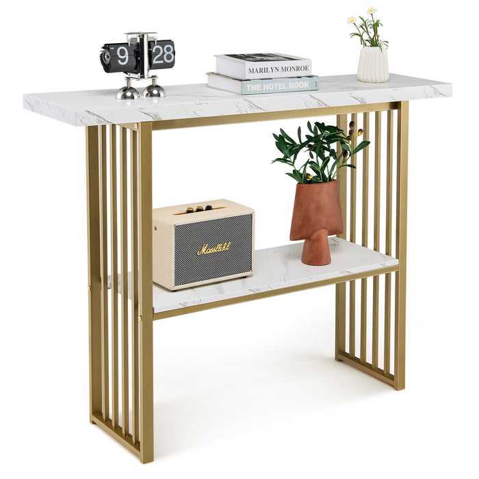 48 Inch 2-Tier Console Table with Gold Finished Frame-White