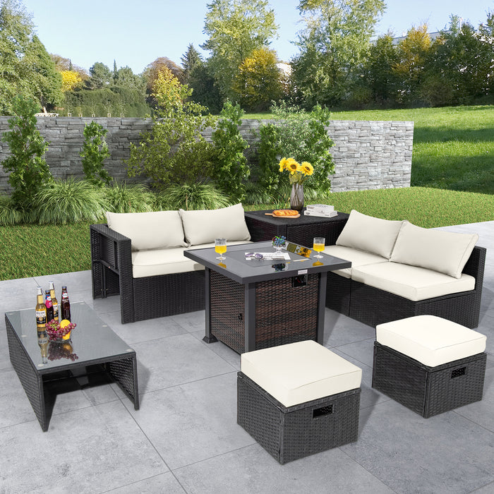 9 Pieces Patio Furniture Set with 32â€ Fire Pit Table and 50000 BTU Square Propane Fire Pit-White