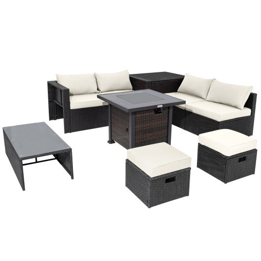 9 Pieces Patio Furniture Set with 32â€ Fire Pit Table and 50000 BTU Square Propane Fire Pit-White