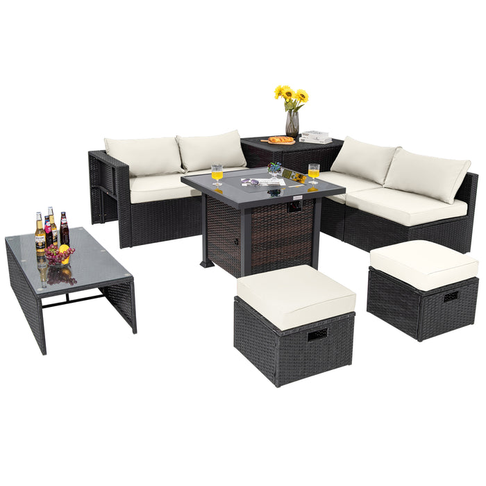 9 Pieces Patio Furniture Set with 32â€ Fire Pit Table and 50000 BTU Square Propane Fire Pit-White