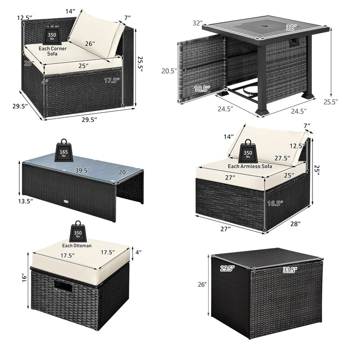 9 Pieces Patio Furniture Set with 32â€ Fire Pit Table and 50000 BTU Square Propane Fire Pit-White