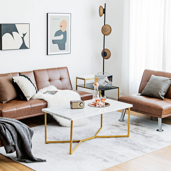 White Faux Marble Coffee Table with Gold Finished Metal Frame