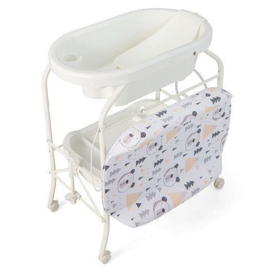 Folding Baby Changing Table with Bathtub and 4 Universal Wheels-White