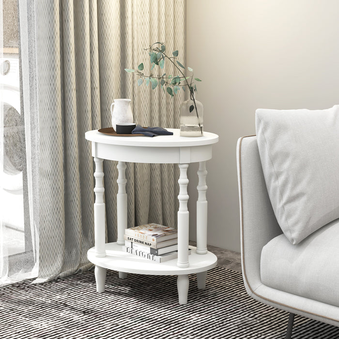 2-Tier Oval Side Table with Storage Shelf and Solid Wood Legs-White