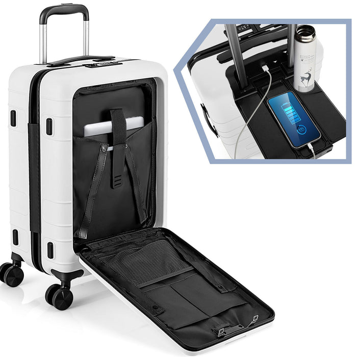 20 Inch Carry-on Luggage PC Hardside Suitcase TSA Lock with Front Pocket and USB Port-White