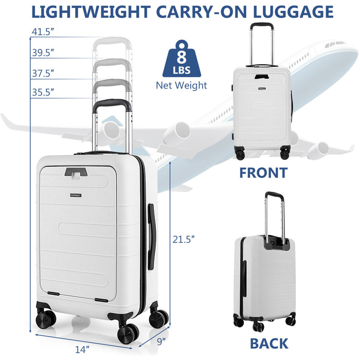 20 Inch Carry-on Luggage PC Hardside Suitcase TSA Lock with Front Pocket and USB Port-White