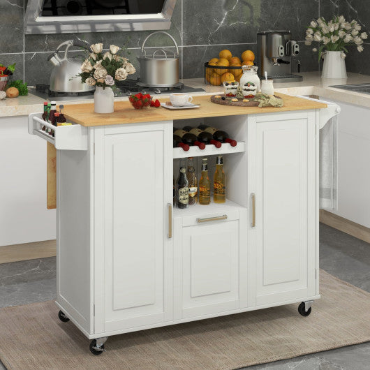 Rolling Kitchen Island Cart with Drop-Leaf Countertop ad Towel Bar-White