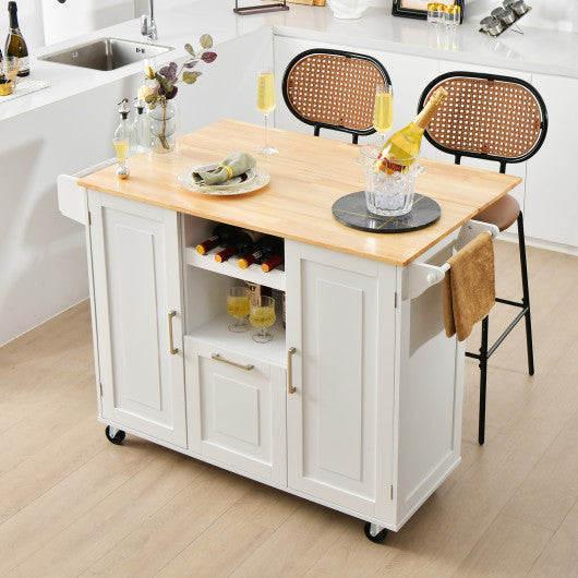 Rolling Kitchen Island Cart with Drop-Leaf Countertop ad Towel Bar-White