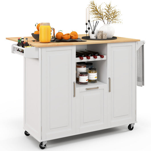 Rolling Kitchen Island Cart with Drop-Leaf Countertop ad Towel Bar-White