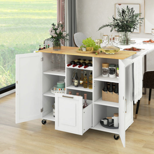 Rolling Kitchen Island Cart with Drop-Leaf Countertop ad Towel Bar-White