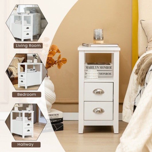 2 Pieces Wooden Bed-side Nightstand Set with 2 Drawers-White