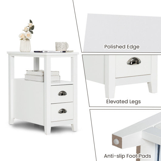 2 Pieces Wooden Bed-side Nightstand Set with 2 Drawers-White