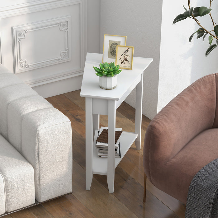 2-Tier Wedge Narrow End Table with Storage Shelf and Solid Wood Legs-White