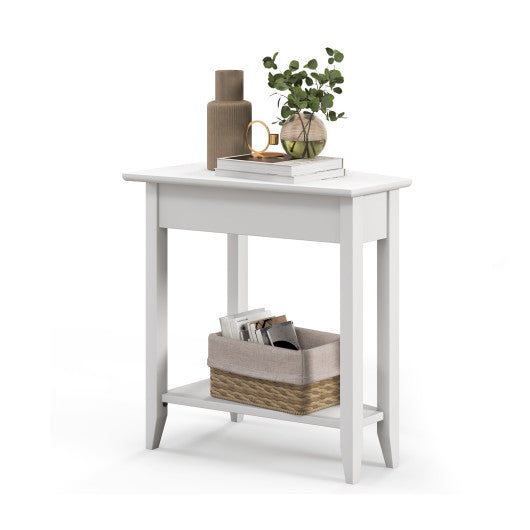 2-Tier Wedge Narrow End Table with Storage Shelf and Solid Wood Legs-White