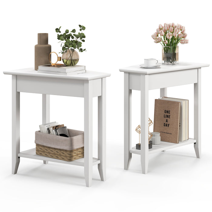 2-Tier Wedge Narrow End Table with Storage Shelf and Solid Wood Legs-White