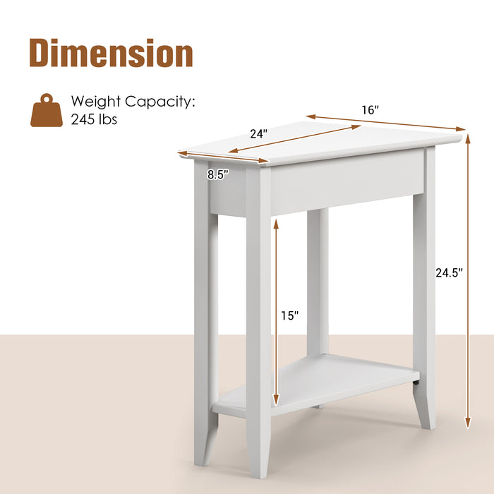 2-Tier Wedge Narrow End Table with Storage Shelf and Solid Wood Legs-White