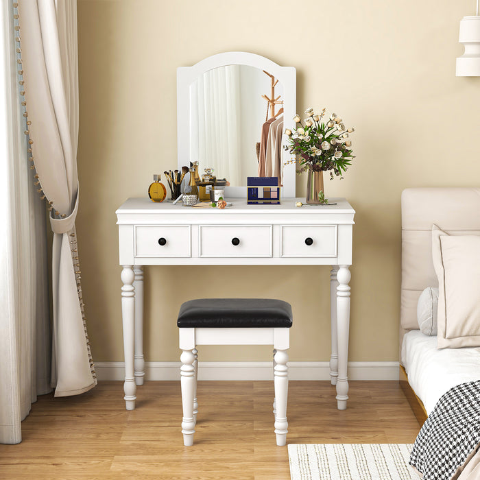 Makeup Vanity Table and Stool Set with Detachable Mirror and 3 Drawers Storage-White