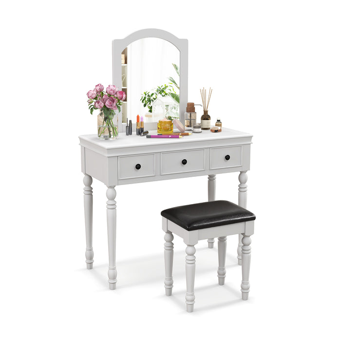 Makeup Vanity Table and Stool Set with Detachable Mirror and 3 Drawers Storage-White