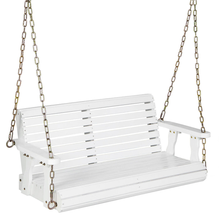 2-Person Wooden Porch Swing with Hanging Chains for Garden Yard-White