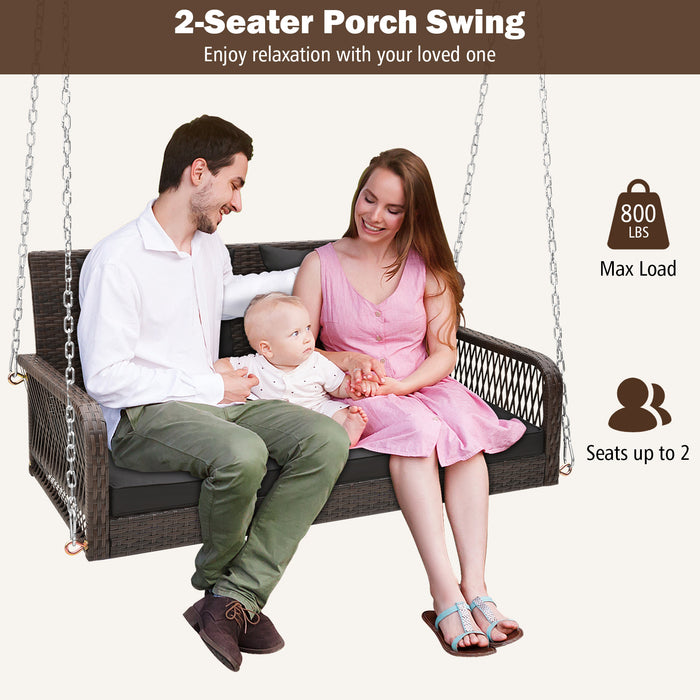 2-Person Outdoor Wicker Porch Swing with Seat and Back Cushions-Black