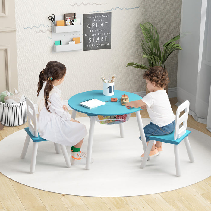 Wood Activity Kids Table and Chair Set with Center Mesh Storage-Blue