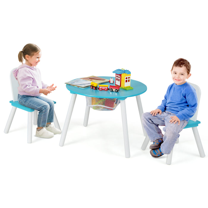 Wood Activity Kids Table and Chair Set with Center Mesh Storage-Blue