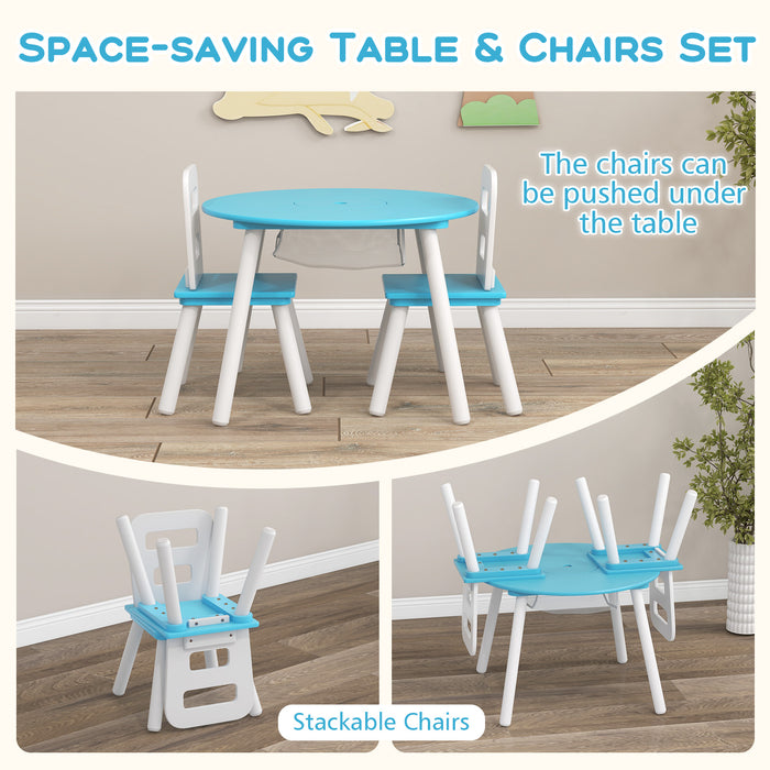 Wood Activity Kids Table and Chair Set with Center Mesh Storage-Blue