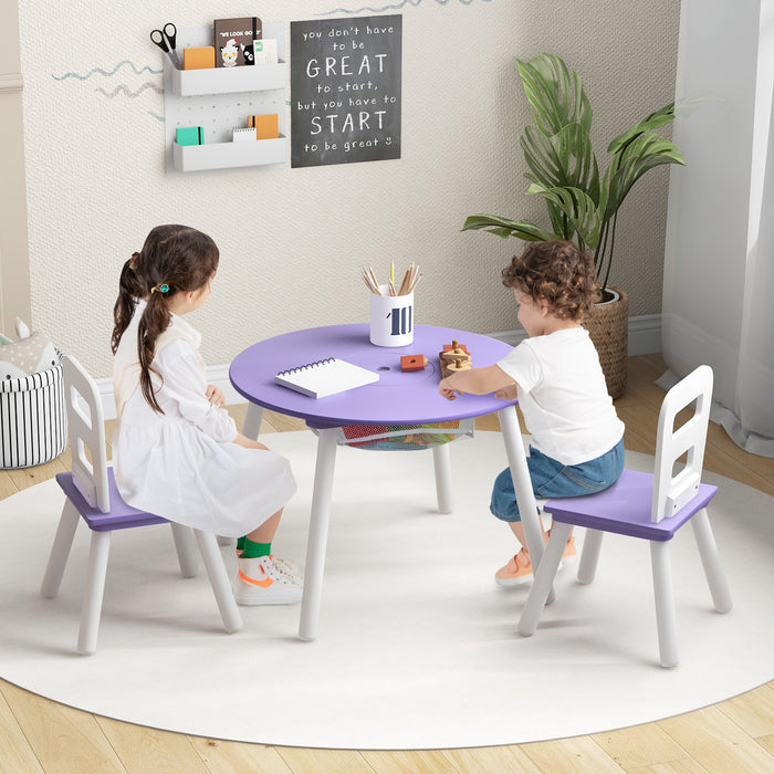 Wood Activity Kids Table and Chair Set with Center Mesh Storage-Purple