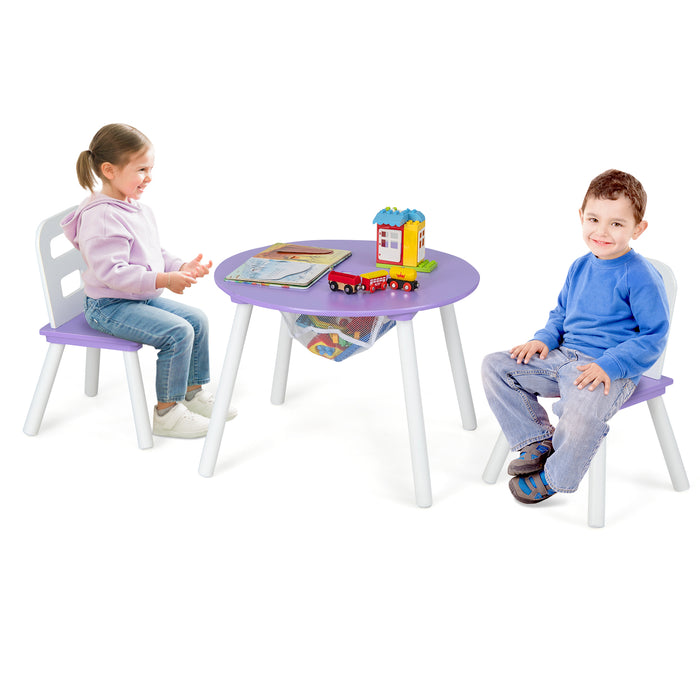 Wood Activity Kids Table and Chair Set with Center Mesh Storage-Purple