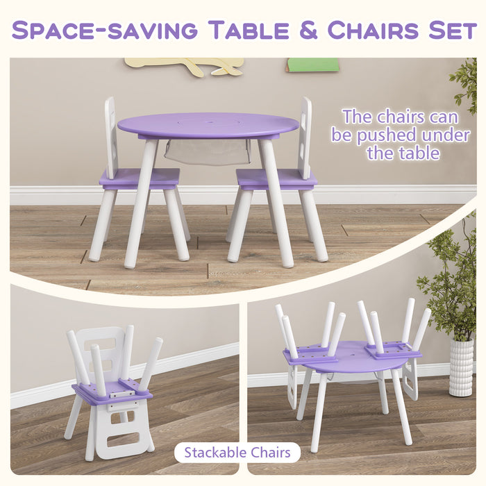 Wood Activity Kids Table and Chair Set with Center Mesh Storage-Purple