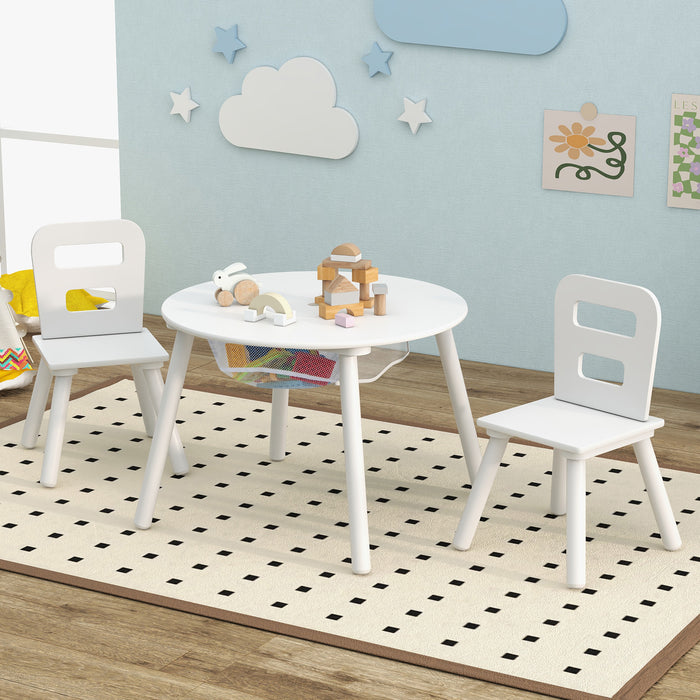 Wood Activity Kids Table and Chair Set with Center Mesh Storage-White