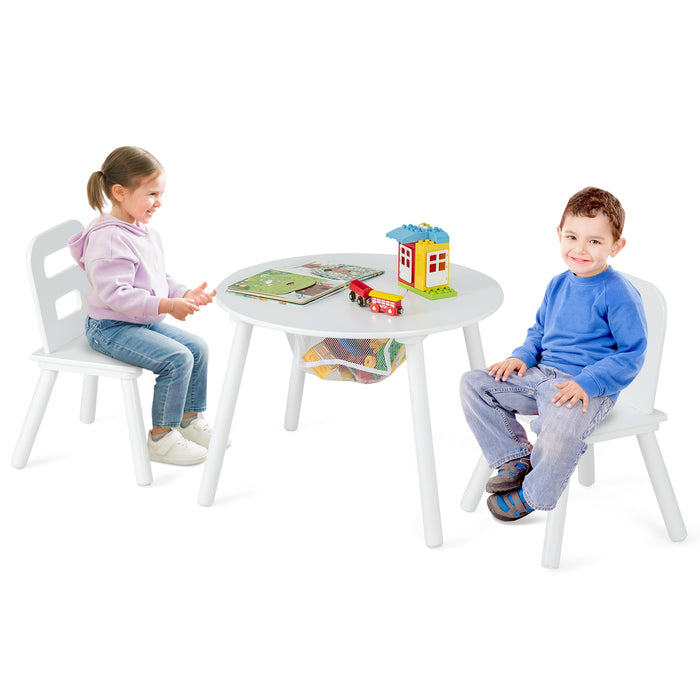 Wood Activity Kids Table and Chair Set with Center Mesh Storage-White