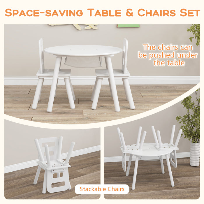 Wood Activity Kids Table and Chair Set with Center Mesh Storage-White