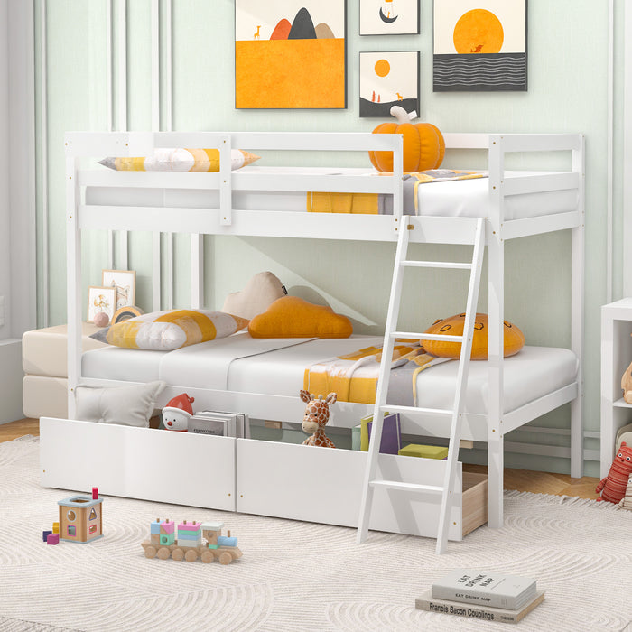 Twin Over Twin Bunk Bed Wood Bed Frame with 2 Storage Drawers and Ladder-White