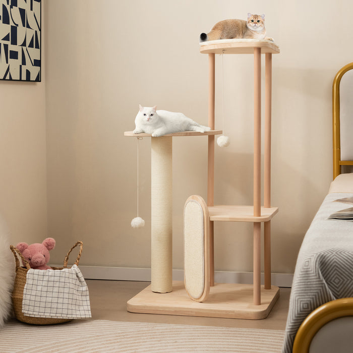 Wooden Multi-level Modern Cat Tower with Scratching Board and Post-44 inches