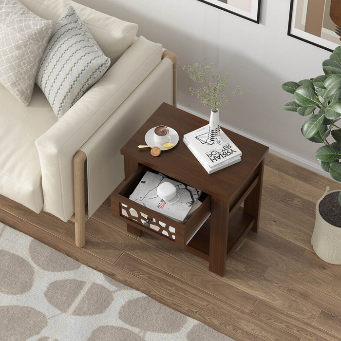 Wood Retro End Table with Mirrored Glass Drawer and Open Storage Shelf-Brown