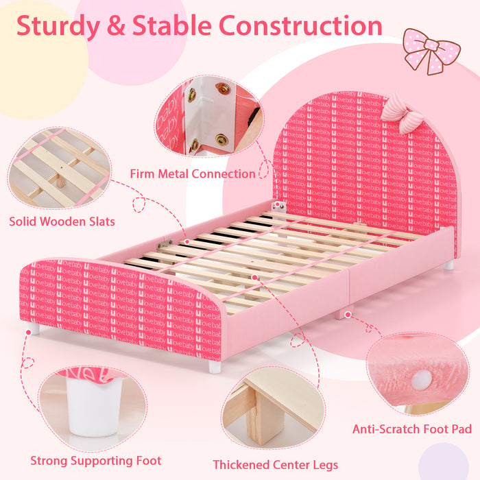 Wood Upholstered Twin Bed Platform with Slat Support-Pink