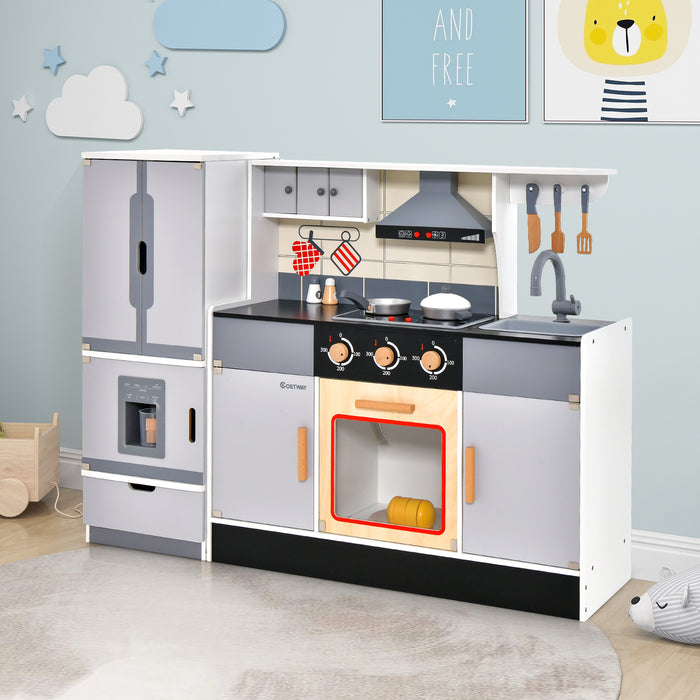 Wooden Chef Play Kitchen and Refrigerator with Realistic Range Hood and Roaster