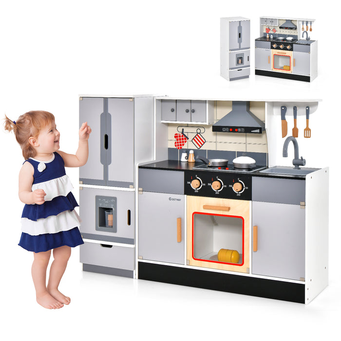 Wooden Chef Play Kitchen and Refrigerator with Realistic Range Hood and Roaster