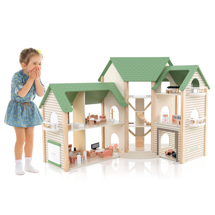 Wooden Corner Dollhouse Playset with 6 Rooms and 36 Pieces for Kids 3+ Years Old-Green