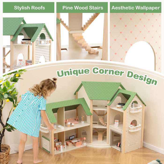 Wooden Corner Dollhouse Playset with 6 Rooms and 36 Pieces for Kids 3+ Years Old-Green