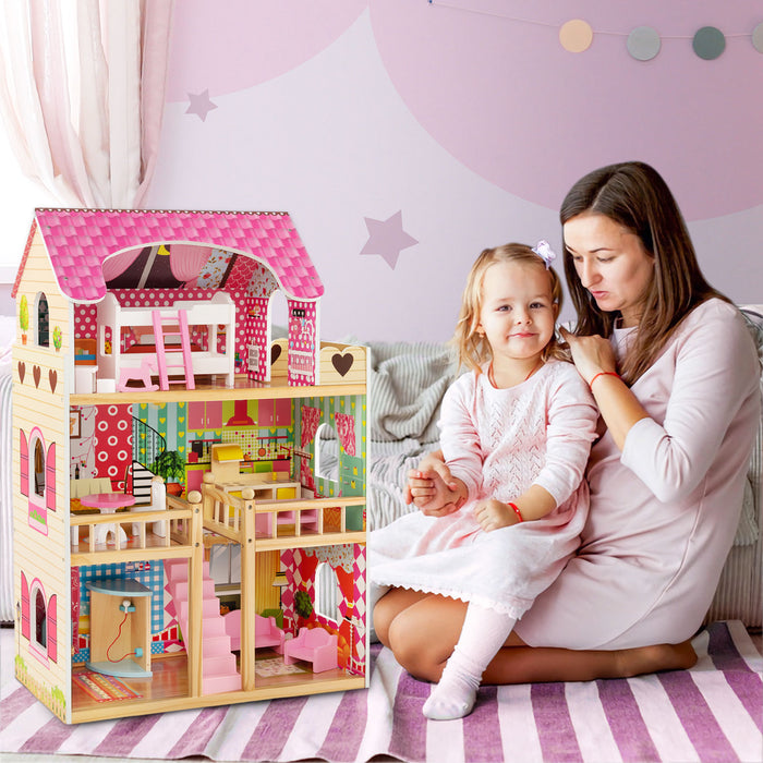 Doll House Playset with 3 Stories and 6 Simulated Rooms and 15 Pieces of Furniture-Pink