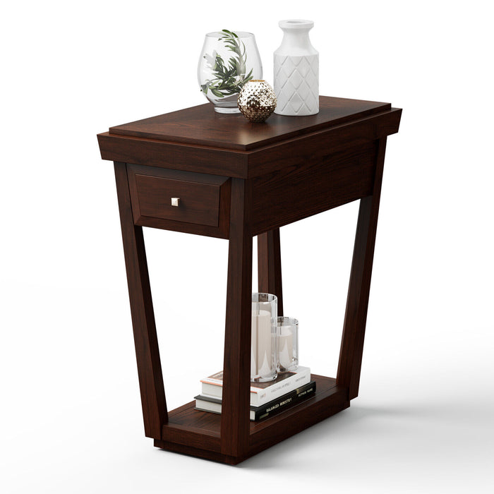 2-Tier Rubber Wood Classic End Table with Drawer and Shelf