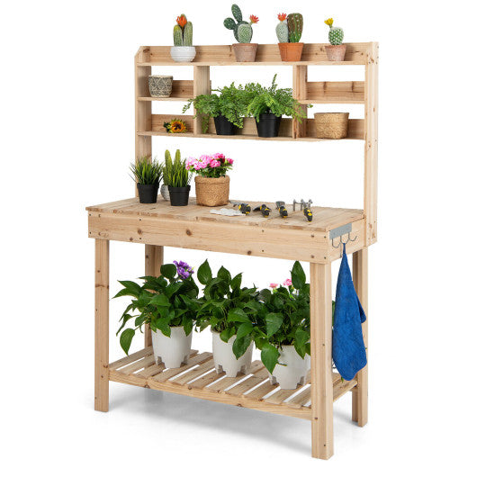 Large Garden Potting Bench Table with Display Rack and Hidden Sink-Natural