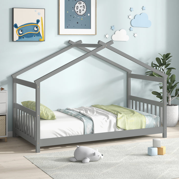 Twin Size Wooden House Bed with Roof-Gray