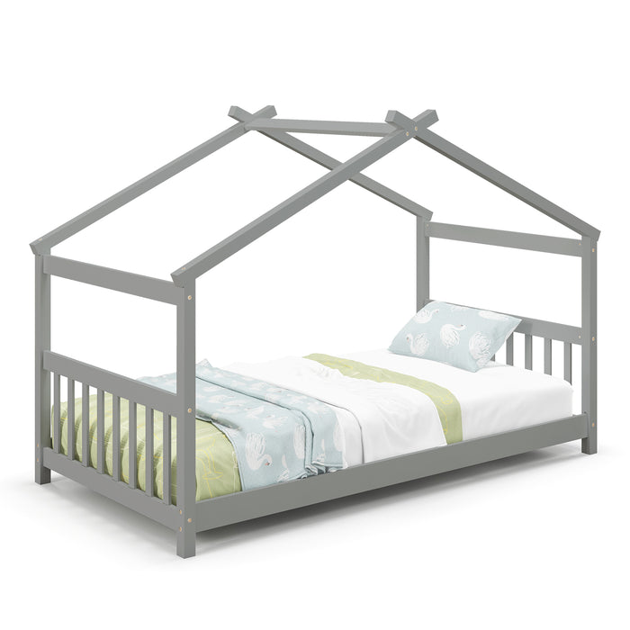 Twin Size Wooden House Bed with Roof-Gray