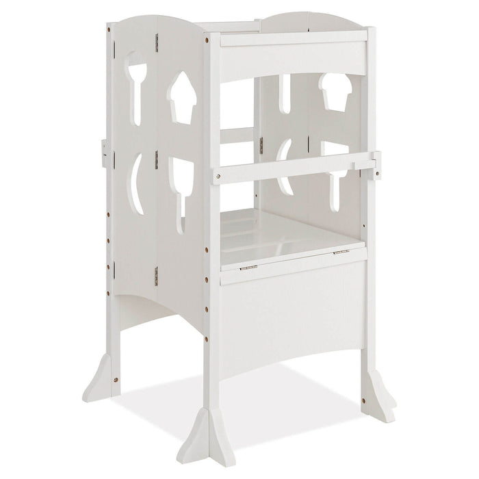 Folding Wooden Step Stool with Lockable Safety Rail for Toddler 3+-White