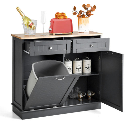 Rubber Wood Kitchen Trash Cabinet with Single Trash Can Holder and Adjustable Shelf-Gray