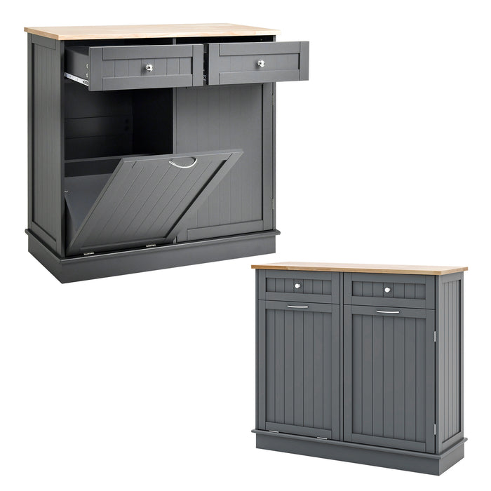 Rubber Wood Kitchen Trash Cabinet with Single Trash Can Holder and Adjustable Shelf-Gray