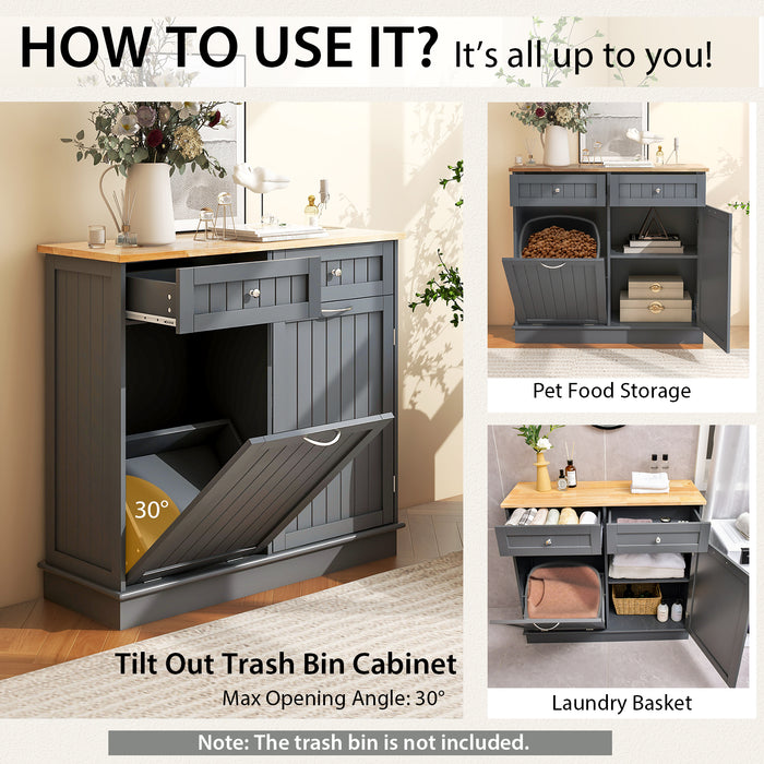 Rubber Wood Kitchen Trash Cabinet with Single Trash Can Holder and Adjustable Shelf-Gray